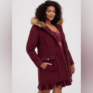 Torrid Wool Zip Front Fur Trim Coat Size 00 Medium 10